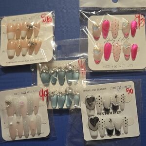 5 Sets Assorted Nail Art Sets with Rhinestones and Designs, Size Small, Long